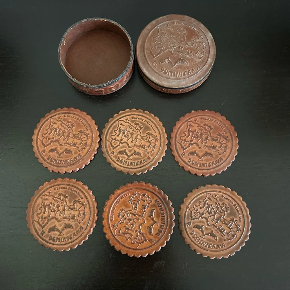 6 vintage Dominicana Coasters Leather Dominican Rep Santo Domingo Bar Parrot